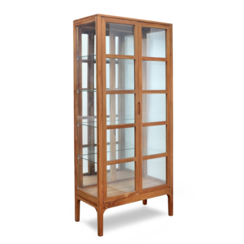 Glass & Teak Cabinet with Mirrored Back Wall in Natural Finish