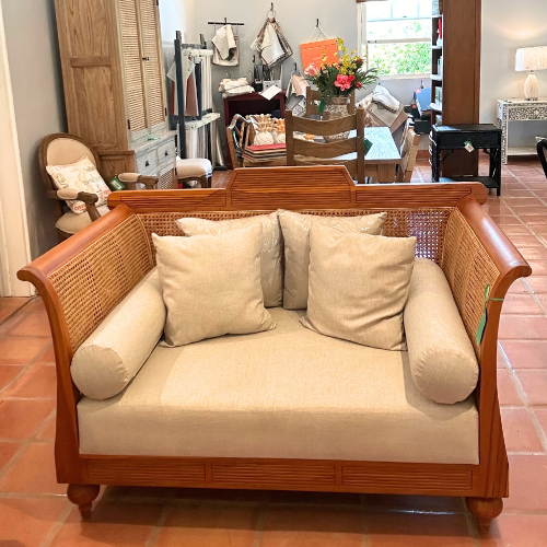Tanjung Sari Teak and Cane Loveseat Daybed in Candy Brown Finish