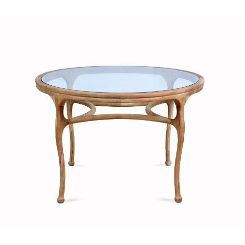 Novo 47" Round Dining Table Natural Finish Teak & Glass Top