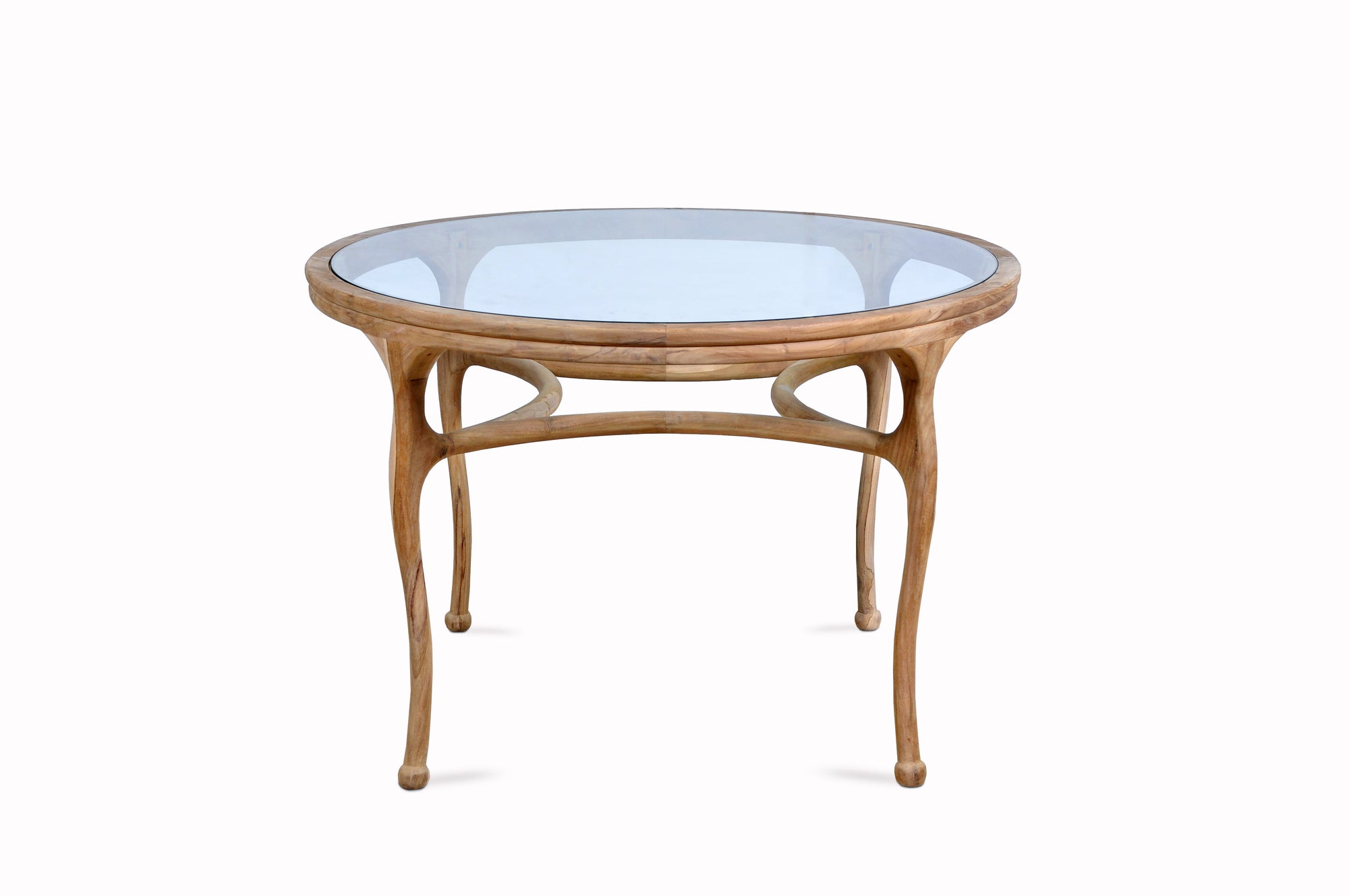 Novo 47" Round Dining Table Natural Finish Teak & Glass Top