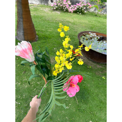Artificial Pink Hibiscus & Orchid Tropical Flower Bundle 25" Tall
