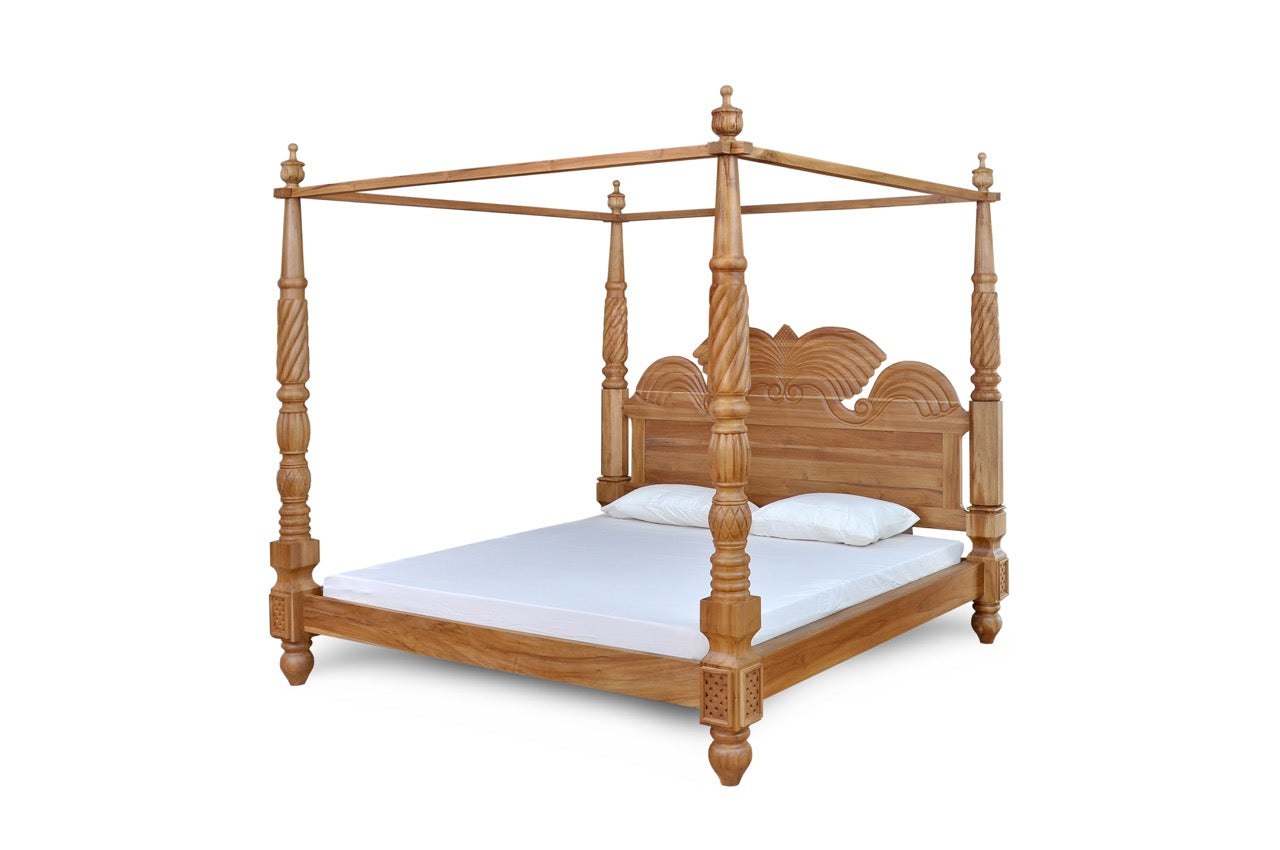 Caribbean Carved 4 Post King Teak Bed Natural Finish