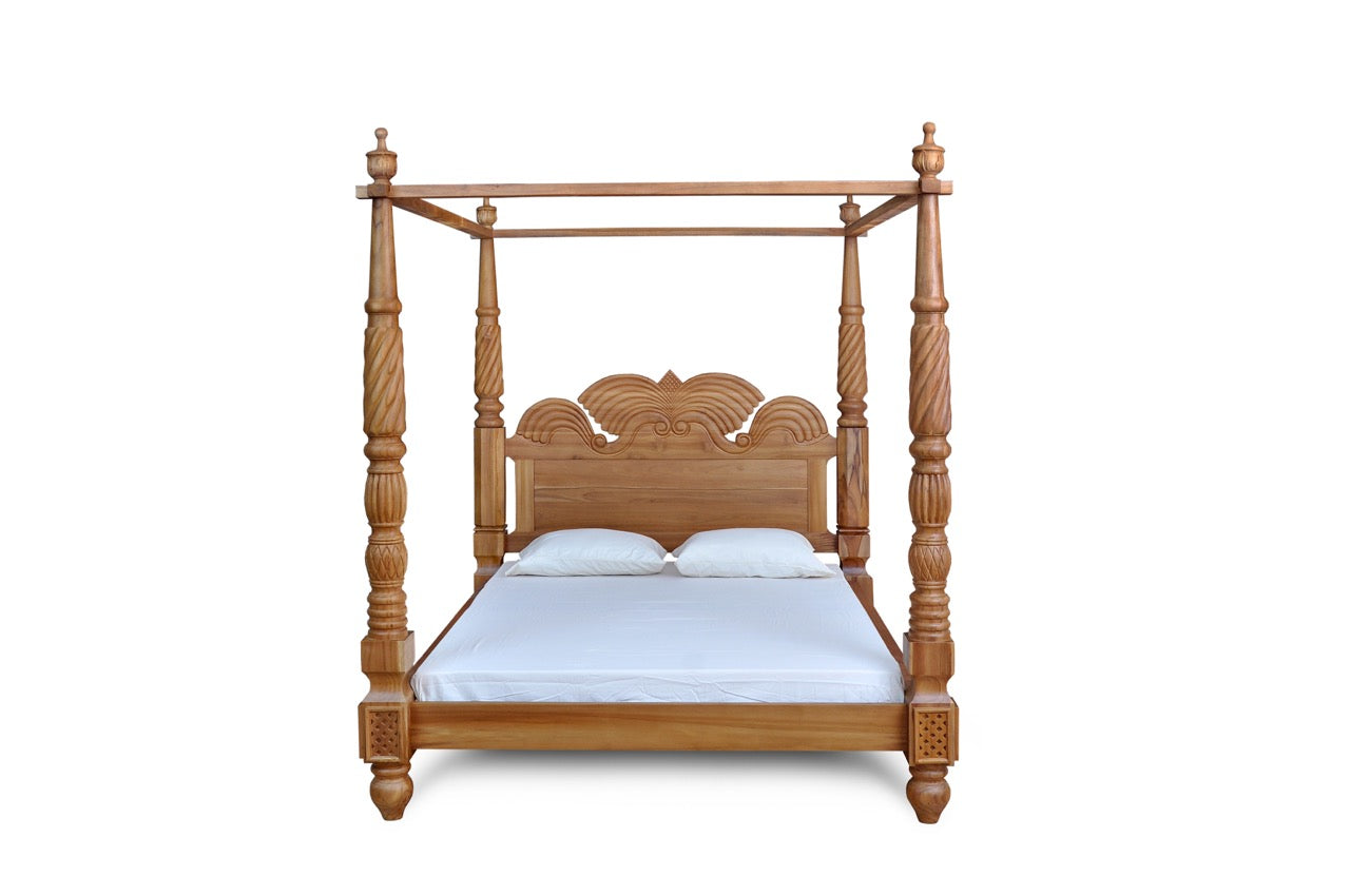 Caribbean Carved 4 Post Queen Teak Bed Natural Finish