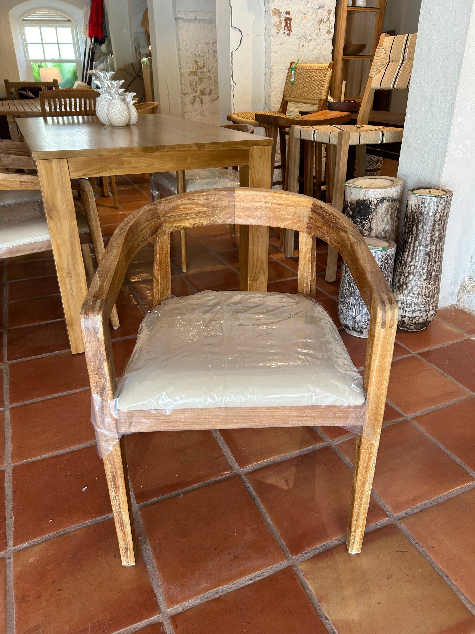 Jaby Teak Dining Chair White Leather Cream Cushion