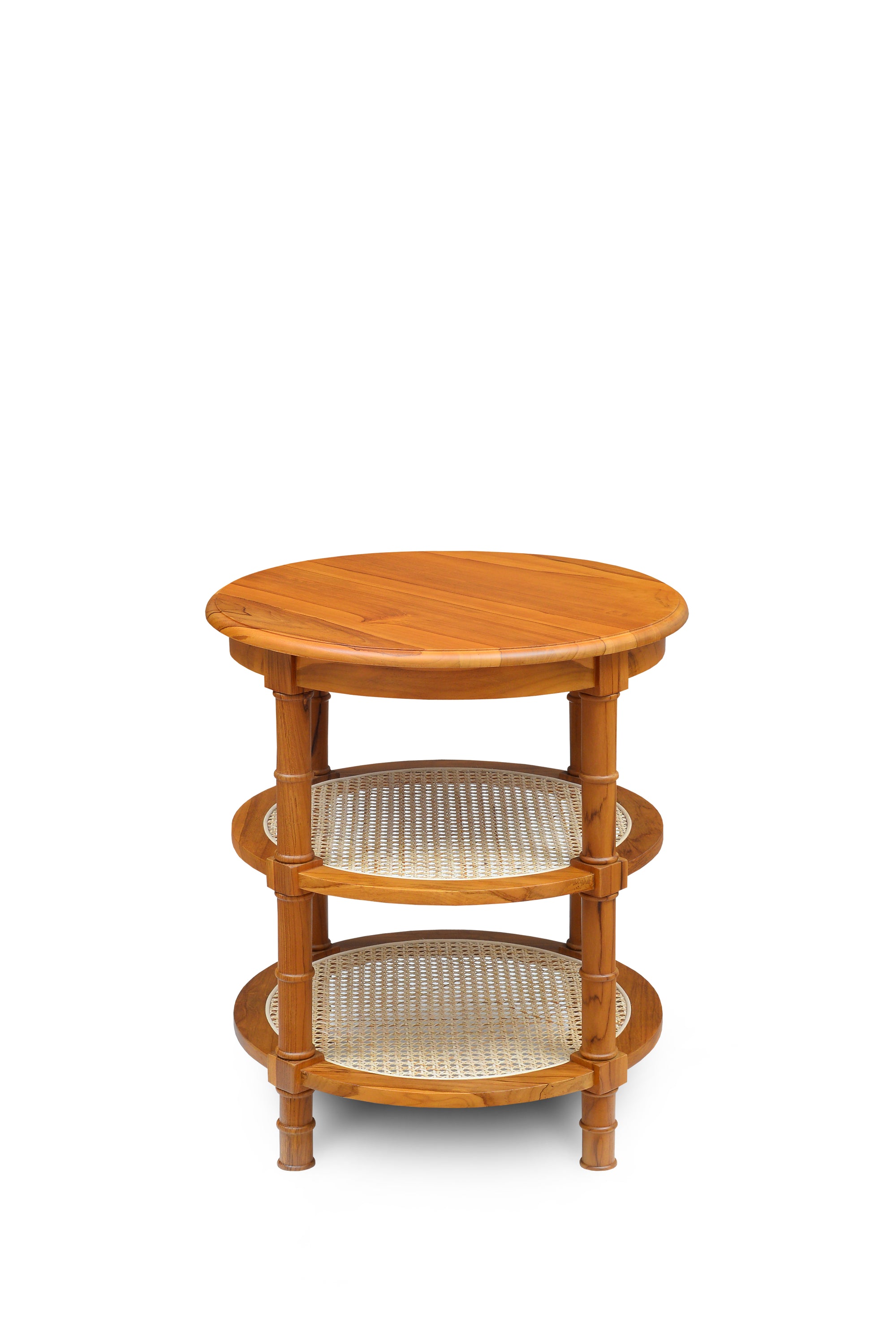 Round Teak Table with Cane Shelf Candy Brown Finish