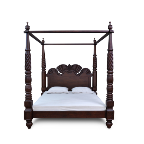 Caribbean Carved 4 Post Queen Teak Bed Walnut Finish